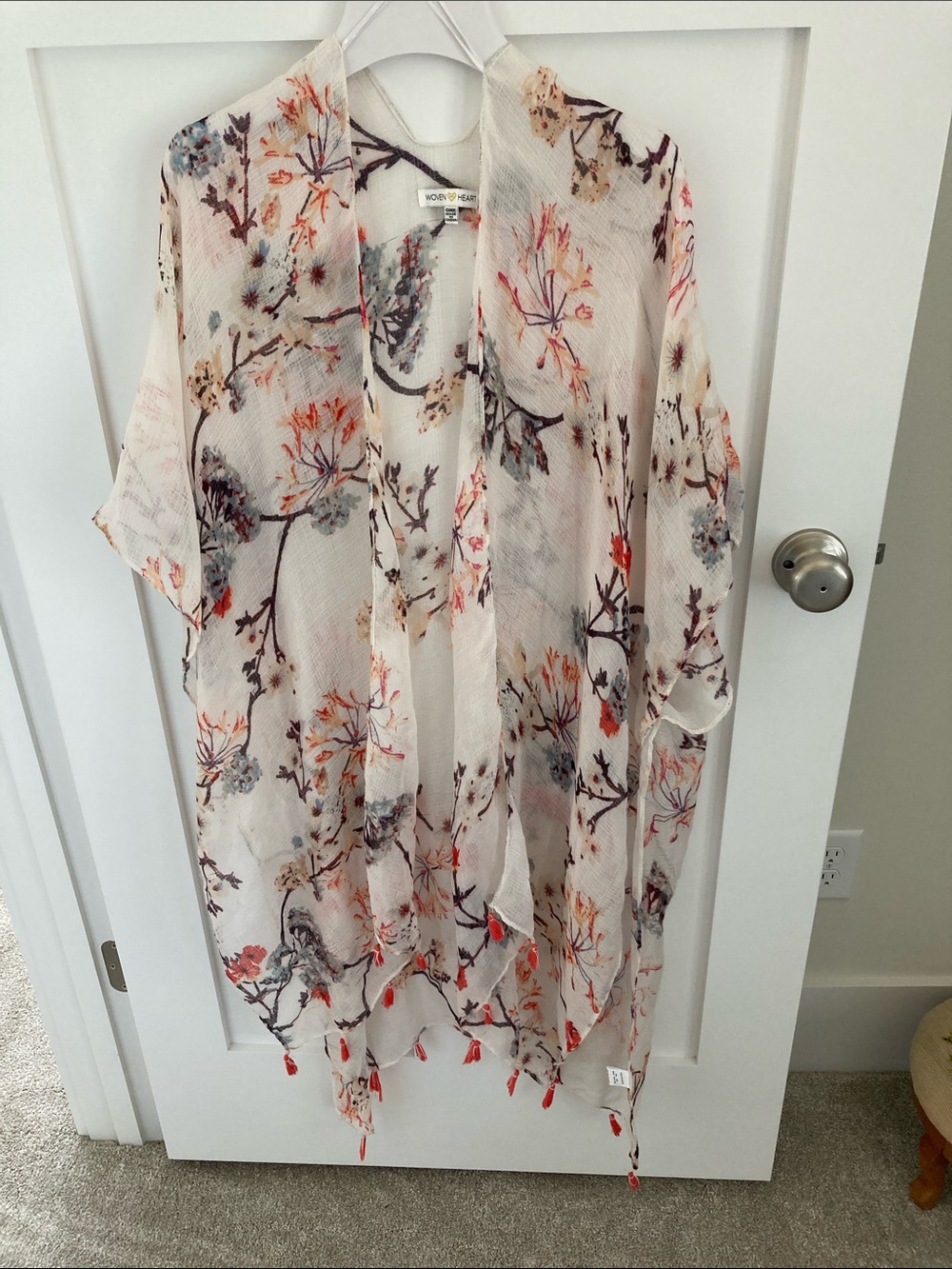 Woven Heart Cream Floral Sheer Kimono Tunic with Coral and Gray Accents